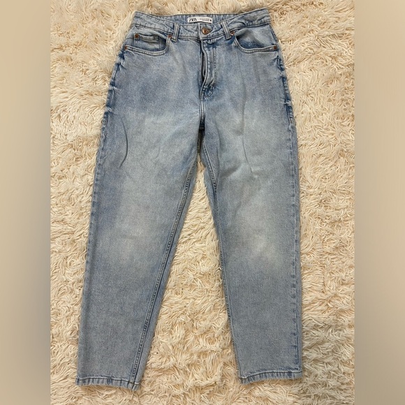 Zara Denim - Zara mom fit high rise jeans washed blue zip size 8 straight legs